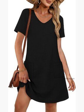 Knee-Length V-Neck T-Shirt Dress with Pockets, Loose Fit Casual Sundress